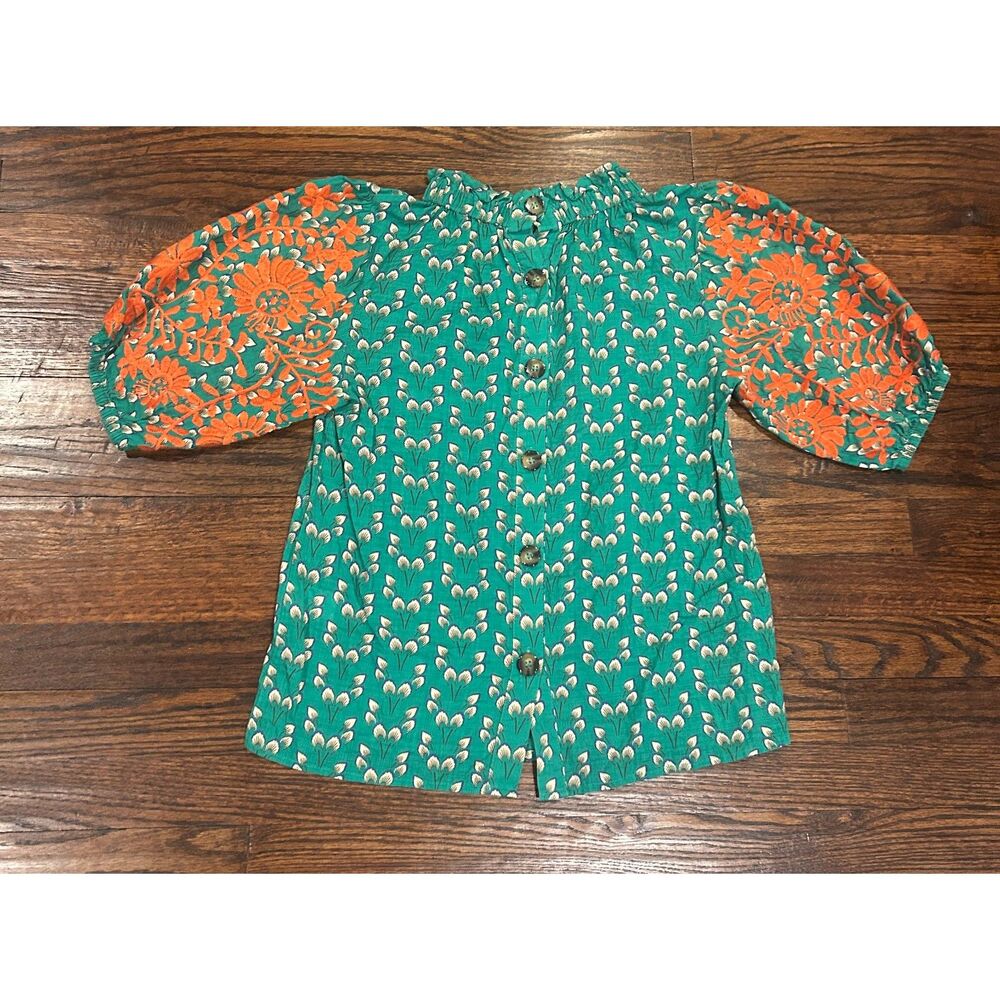 THML Anegada green women's embroidered puffer sleeve top blouse mock neck small - Picture 6 of 6